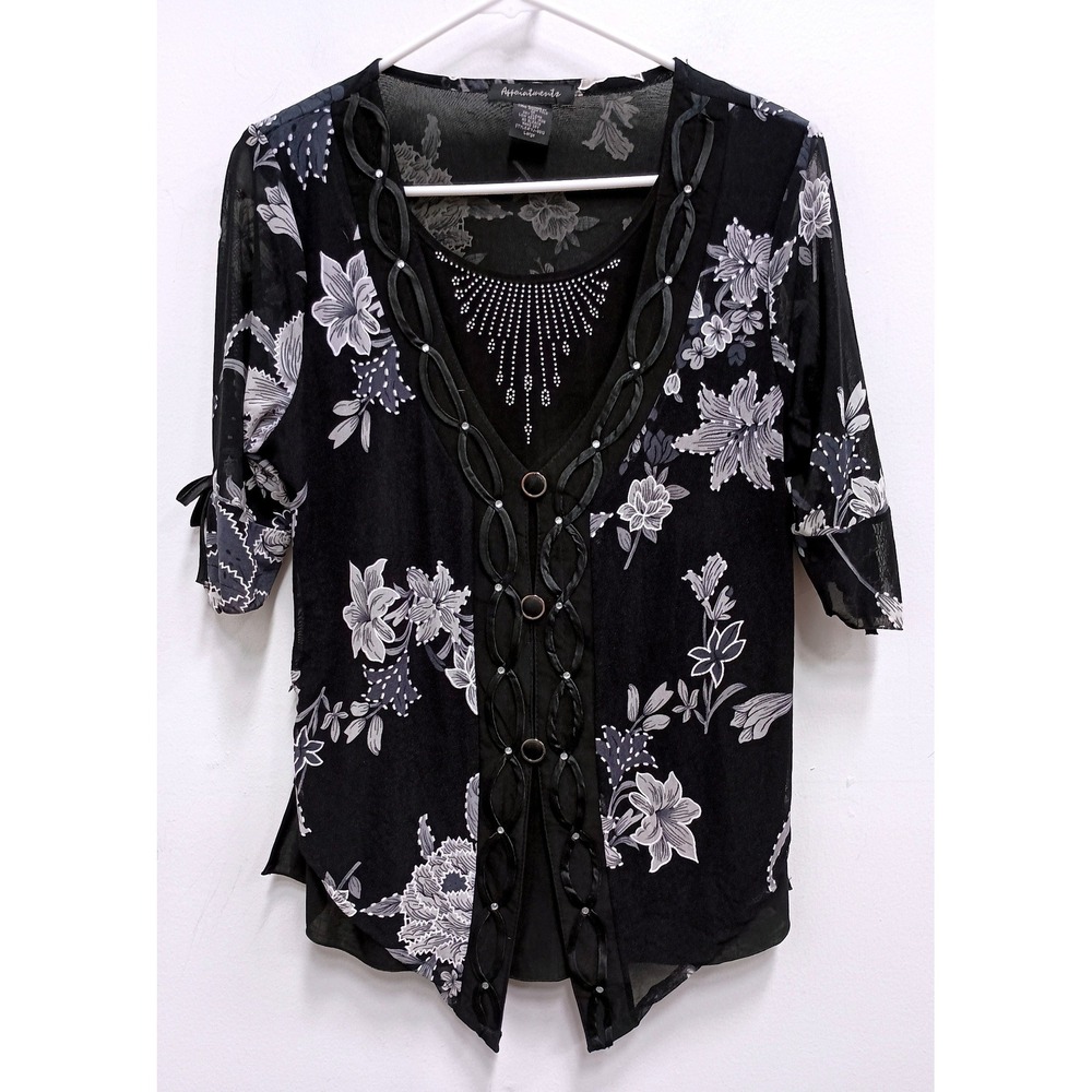 Vintage 90s Appointments Floral Mesh Layered Top Womens Large Black Rhinestone